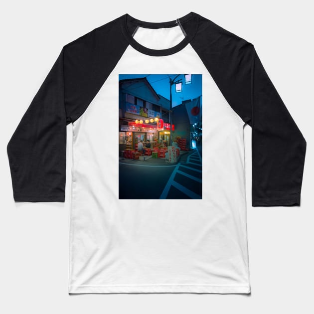 Small street izakaya in Koenji Chilling outside on warm summer night Baseball T-Shirt by TokyoLuv